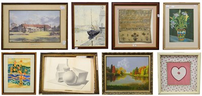 Lot 1157 - A mixed lot of paintings, prints, mixed media works, posters and a sampler by Margaret Hershaw aged