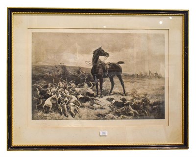 Lot 1168 - After Alfred Strutt, The Hounds with their Prey, signed print, 52cm by 75cm