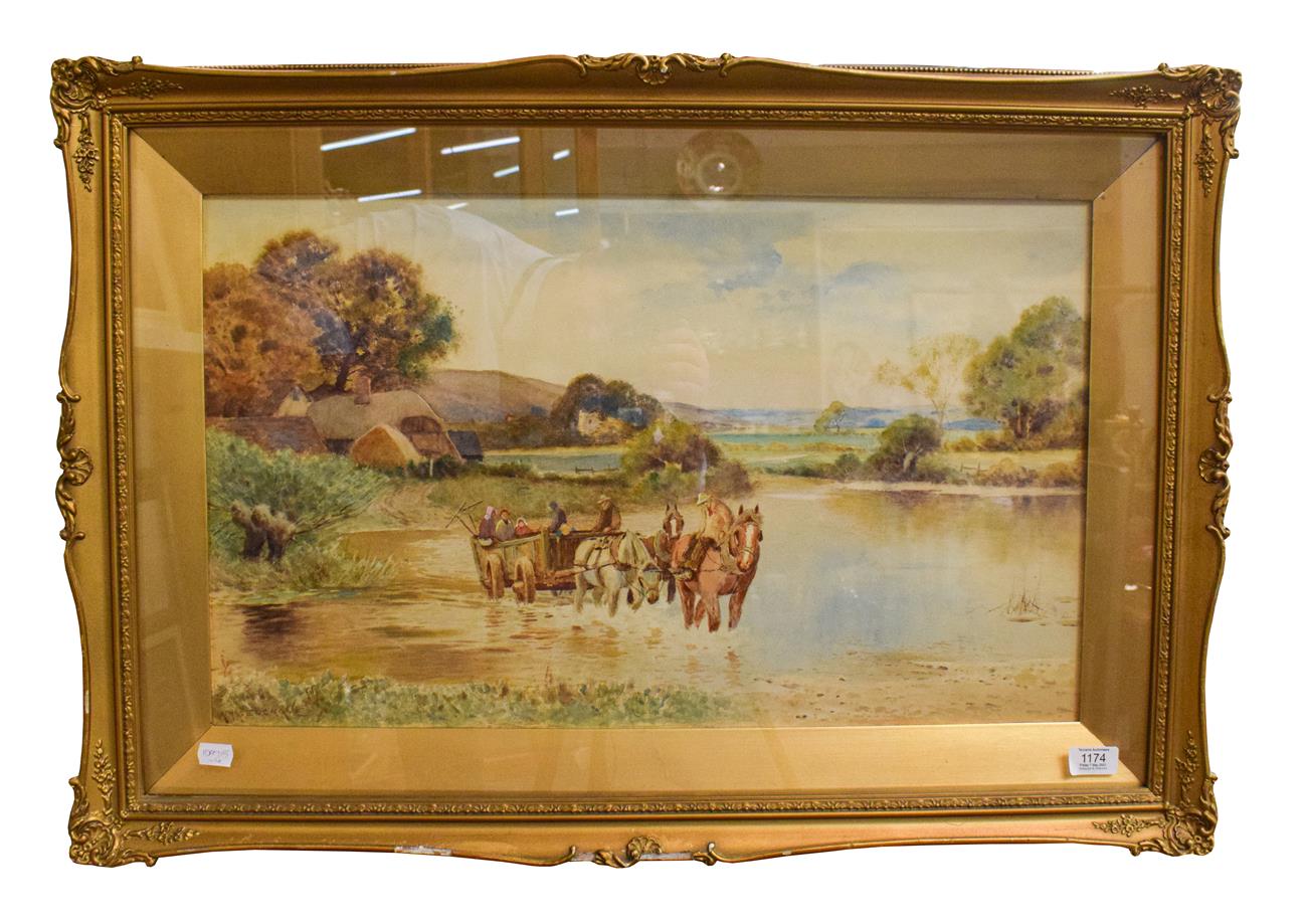 Lot 1174 - A Haselcrane (19th century) figures with horse and cart crossing a river, signed, watercolour, 38cm