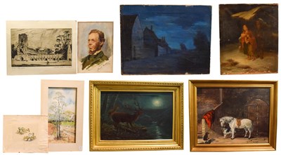 Lot 1189 - A collection of 19th/20th century oils on canvas and works on paper to include a Night time, oil on