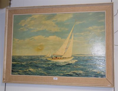 Lot 1191 - M G Friedrich (20th century) Yachts on choppy waters, oil on canvas, 60cm by 91cm