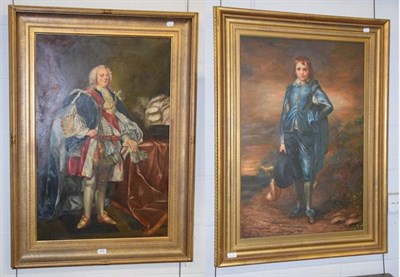Lot 1203 - A reproduction oil on canvas depicting a full length portrait of George III, 59cm by 90cm...