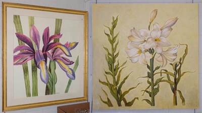 Lot 1219 - A large 20th century botanical oil on canvas, unframed 122cm by 121cm, together with a similar...