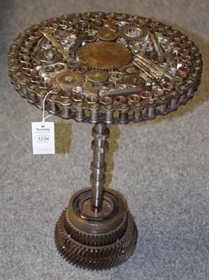 Lot 1234 - A Steampunk Industrial metal table, constructed using various industrial sprockets, gears,...