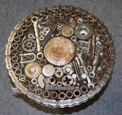 Lot 1234 - A Steampunk Industrial metal table, constructed using various industrial sprockets, gears,...