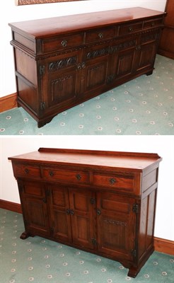 Lot 1285 - A Wood Brothers reproduction oak enclosed sideboard/dresser with four frieze drawers above four...