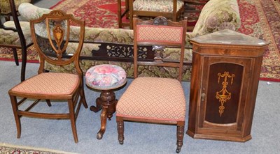 Lot 1287 - Two Edwardian chairs, an adjustable piano stool and an inlaid corner cupboard (4)