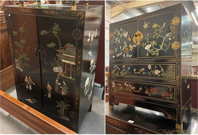 Lot 1349 - Two 20th century Oriental black lacquered cabinets decorated with figures, pagodas, flowers and...
