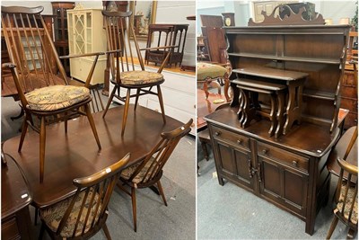Lot 1359 - An Ercol dining room suite comprising table, 83cm by 152cm by 71cm high, six chairs, sideboard,...