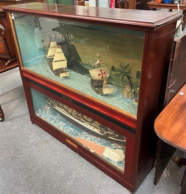 Lot 1364 - Large cased marine diorama, Titanic and pirate battle with applied plaque ''Royal Sovereign...