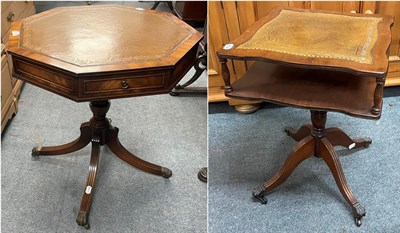 Lot 1404 - A reproduction leather inset octagonal revolving table, 60cm by 66cm together with a similar...