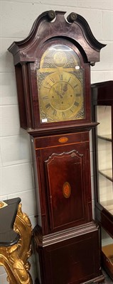 Lot 1434 - A mahogany inlaid quarter chiming longcase clock, 14'' arched brass dial bearing a later...