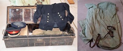 Lot 1132 - A tin trunk labelled JC Wickham Esq Royal Engineers, enclosing a green canvas sleeping bag with...