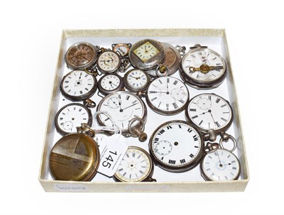 Lot 145 - Four silver open faced pocket watches, two other open faced pocket watches with cases stamped...