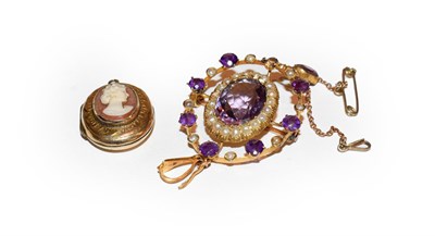 Lot 178 - An amethyst and split pearl brooch/pendant, length 5.8cm (a.f.) and a locket, stamped '9CT BK & FT'