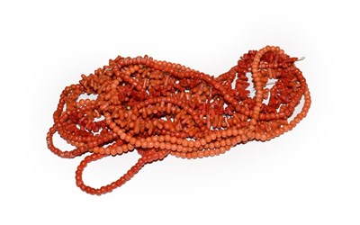Lot 192 - Five coral bead necklaces, of varying lengths