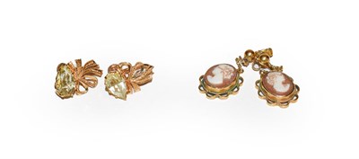 Lot 198 - A pair of cameo drop earrings, length 4.0cm; and a pair of gem set spray earrings