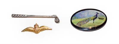 Lot 218 - An RAF brooch, length 4.1cm, a silver golf club brooch, length 6.6cm and another brooch depicting a