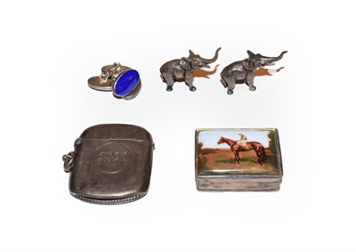 Lot 220 - An equestrian theme silver pill box, silver vesta case, blue enamel silver cufflinks and pair...