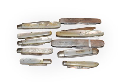 Lot 222 - Ten early 20th century silver pocket knives, most with mother-of-pearl scales, some with carved...