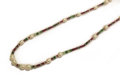 Lot 232 - A multi-gemstone bead necklace, cultured pearls spaced by tsavorite garnet, ruby, and peridot...