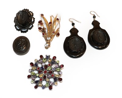 Lot 234 - A pair of jet drop earrings, length 8.5cm, a 9 carat gold garnet and paste spray brooch, length...