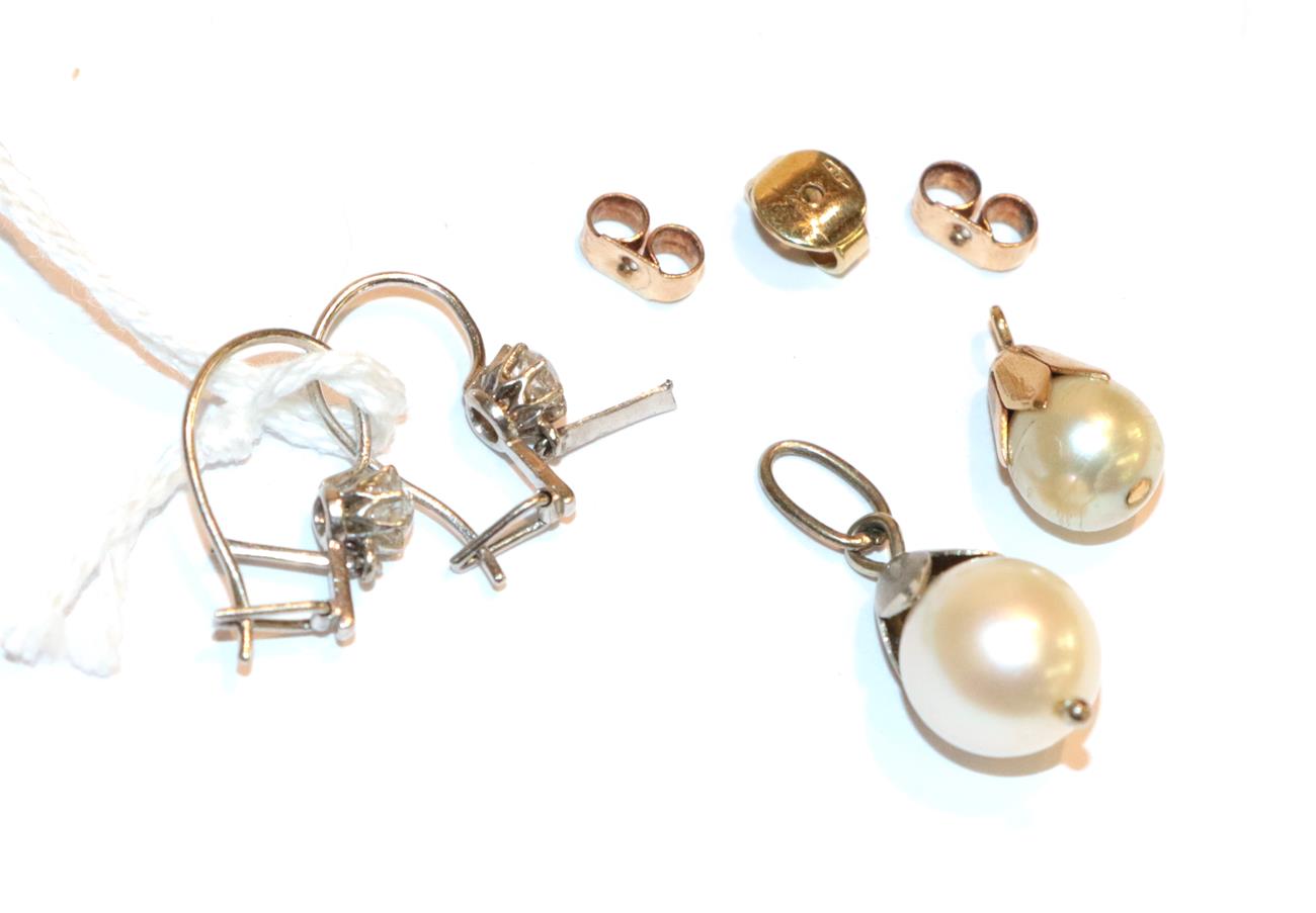Lot 240 - A pair of diamond earrings, with hook fittings, two cultured pearl pendants and three earring...