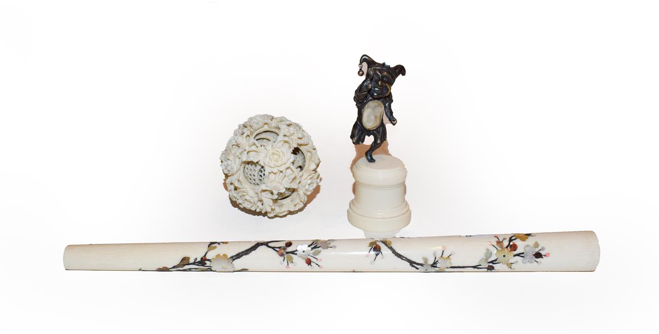 Lot 255 - A Japanese Shibayama and ivory parasol handle, Meiji period together with an ivory puzzle ball...