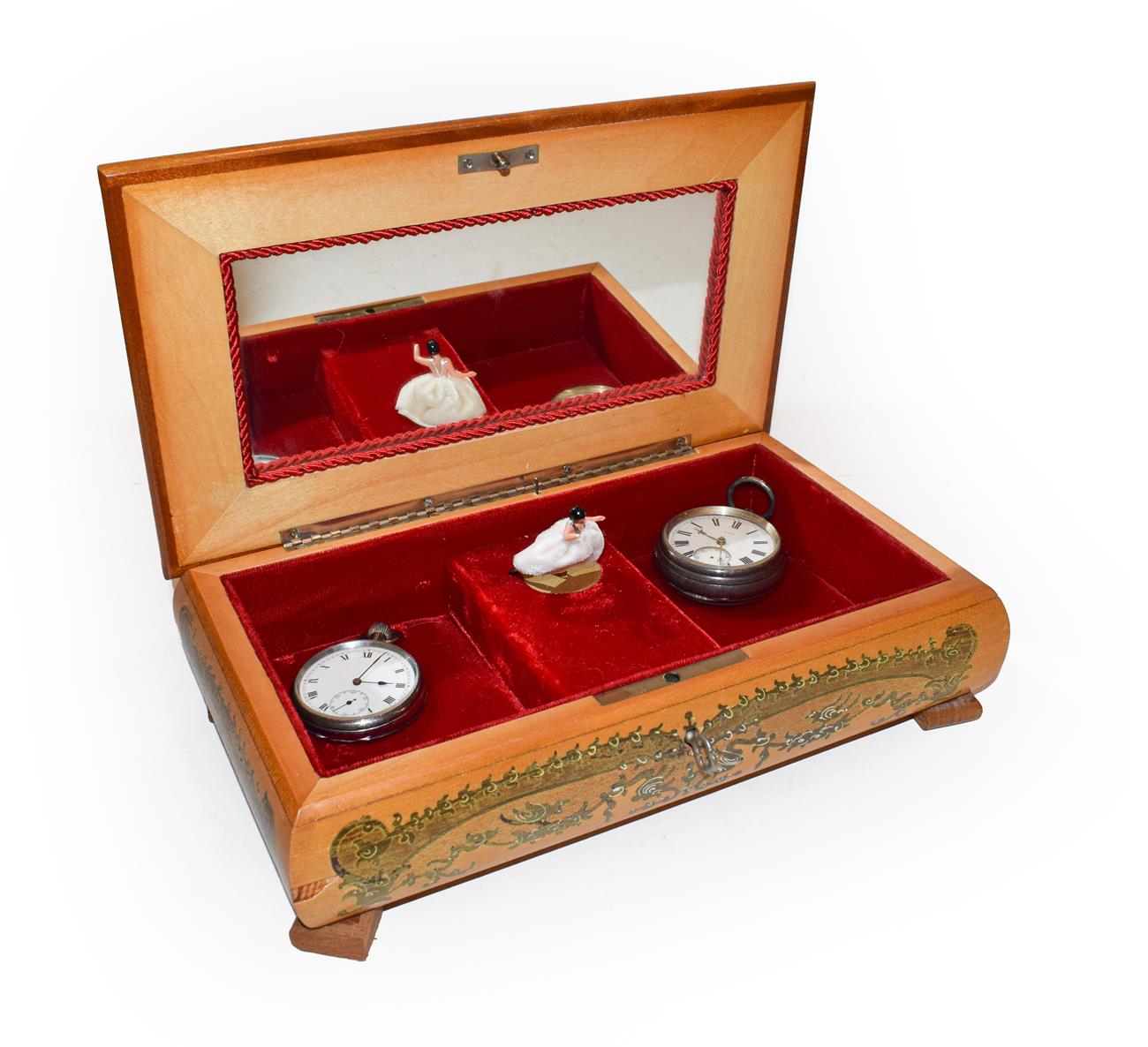 Lot 258 - A silver pocket watch, a plated pocket watch, a Marquetry musical jewellery box