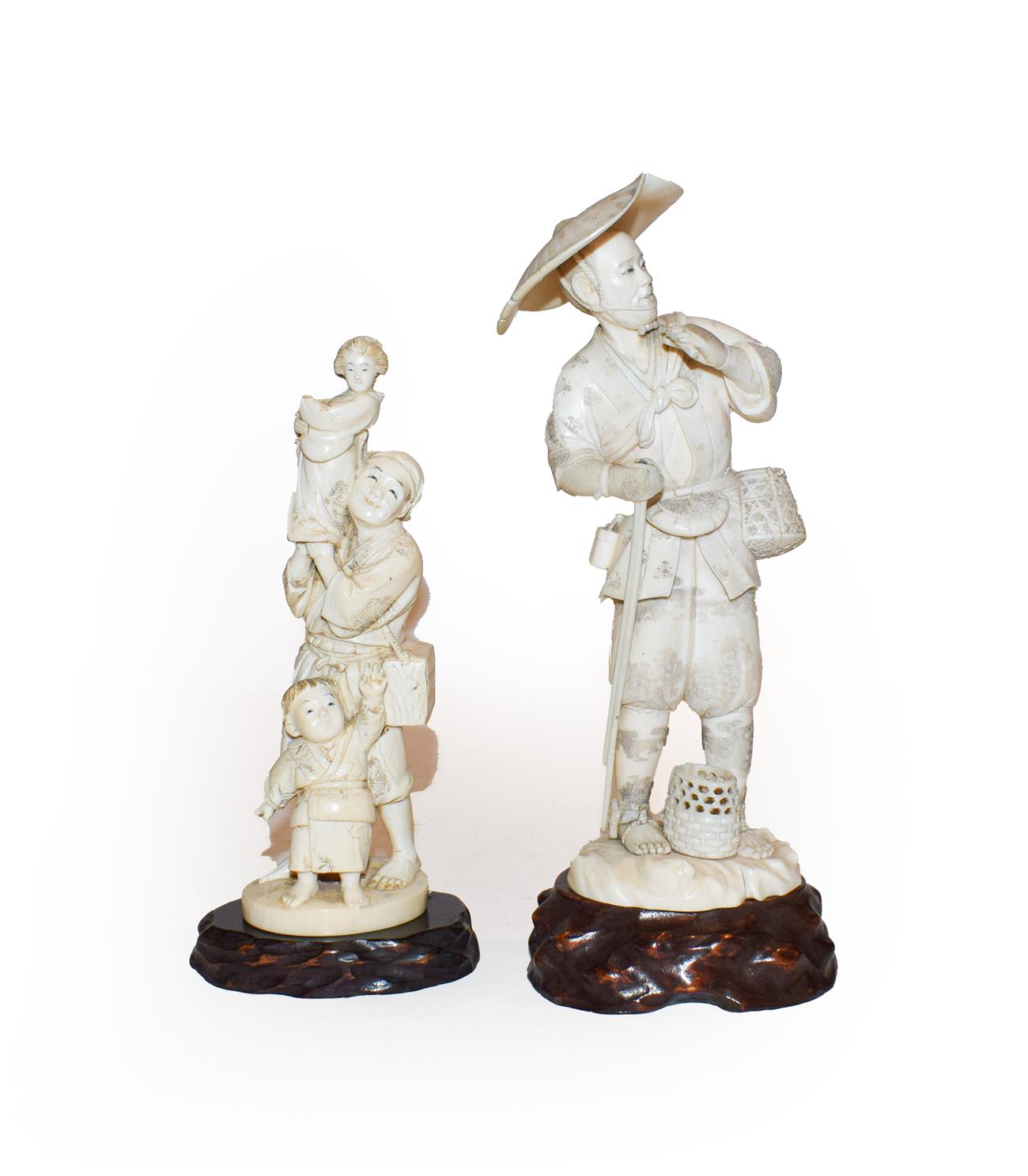Lot 261 - A Japanese ivory Okimono of a farmer signed at base, Meiji period 20cm high together with...