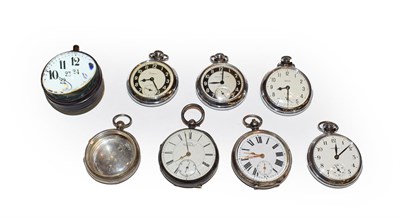 Lot 266 - Two silver open faced pocket watches, silver pocket watch case, three Ingersoll pocket watches,...