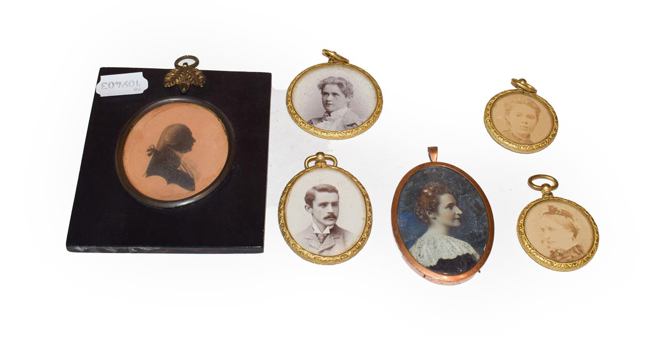 Lot 279 - Six portrait miniatures including early 19th century silhouette example, sitter named to the...