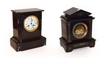 Lot 297 - Two Victorian black slate striking mantel clocks