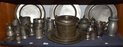 Lot 305 - A large collection of 18th century and later Pewter, including a lidded pot with swing handle,...