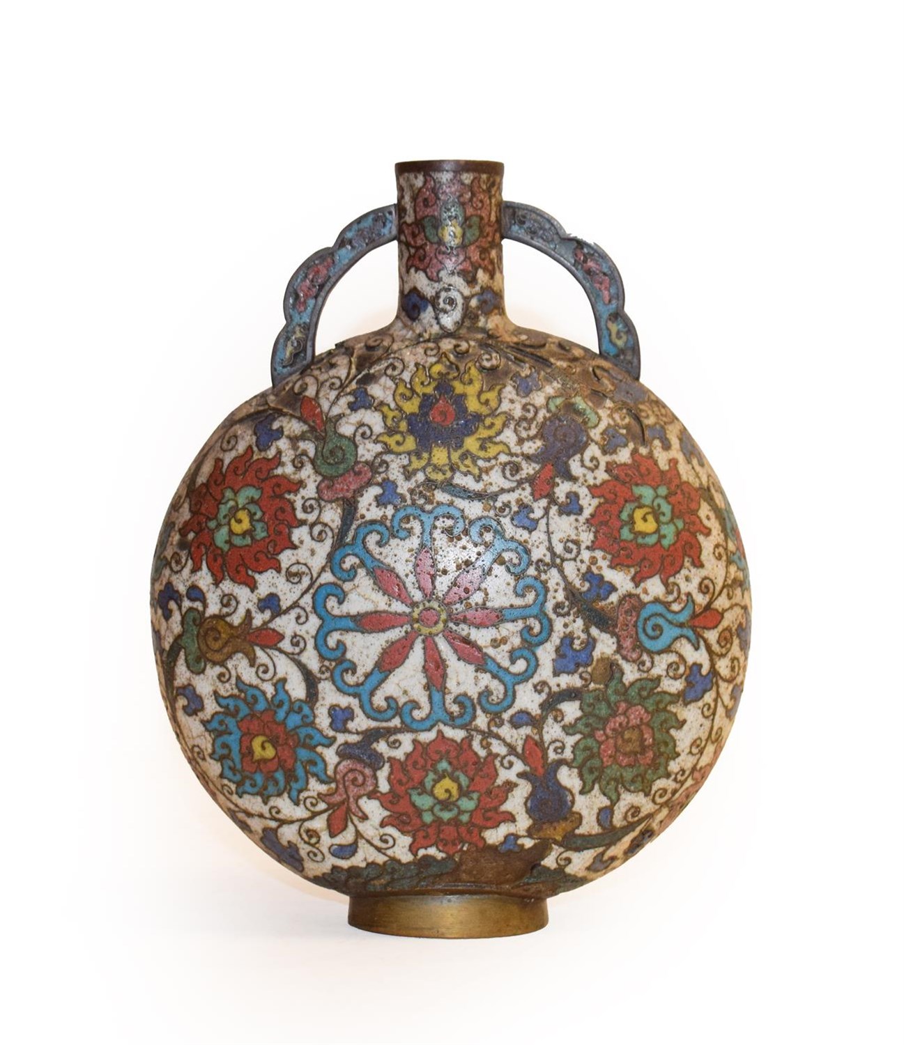 Lot 335 - A 19th century Chinese cloisonne moon flask, twin handled and decorated with stylized flowers...