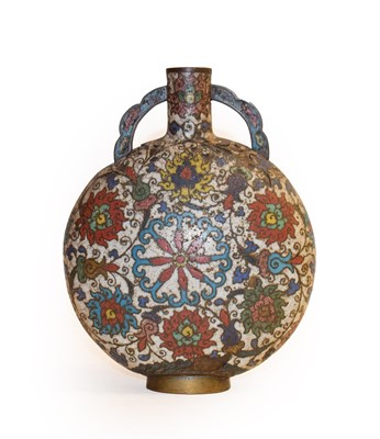 Lot 335 - A 19th century Chinese cloisonne moon flask, twin handled and decorated with stylized flowers...