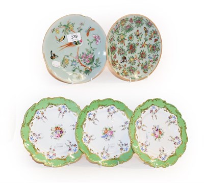 Lot 339 - Two Chinese celadon famille rose dishes, blue seal marks, together with three early 20th...