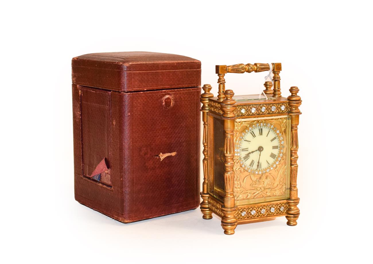 Lot 343 - A carriage timepiece, circa 1900 paste set case, cylinder escapement, with outer travelling case
