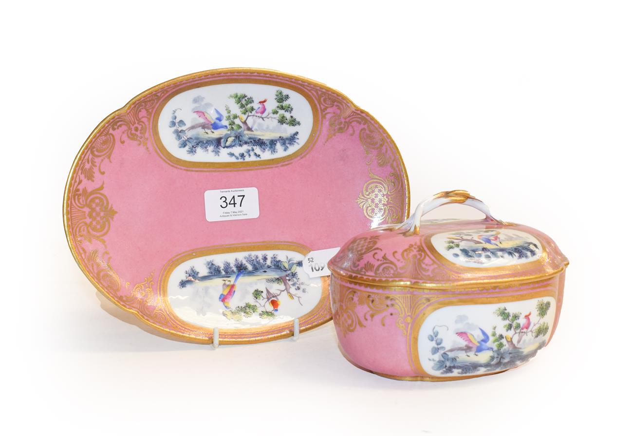 Lot 347 - A Sèvres style porcelain tureen, cover and stand, late 19th century, of lobed oval form,...