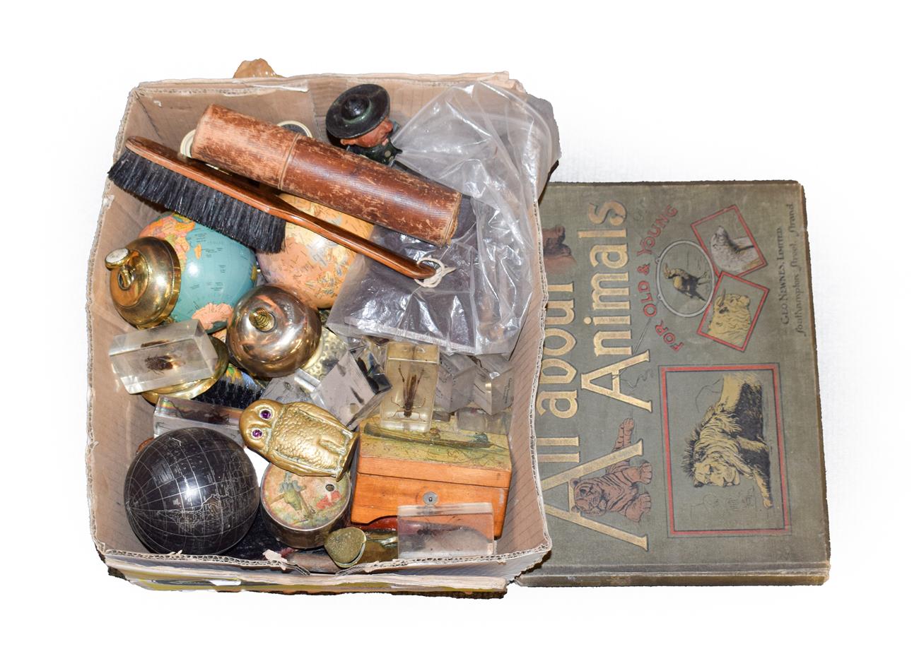 Lot 351 - Box of various collectibles including miniature globes, music boxes, desk, bells and a single...