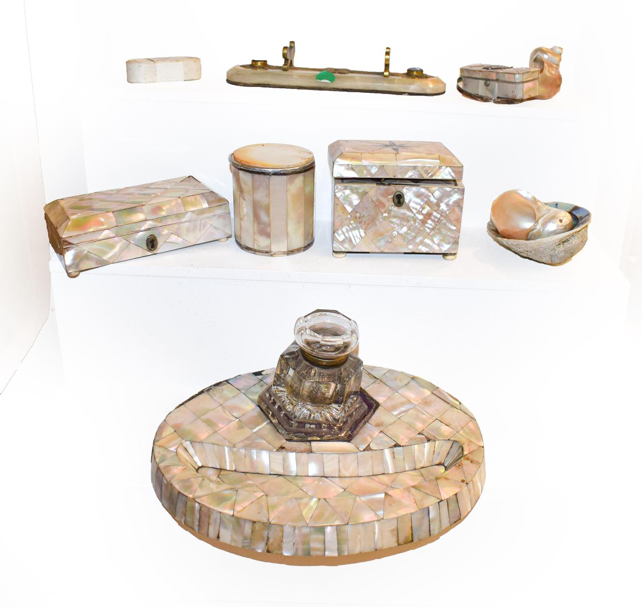 Lot 357 - Collection of mother of pearl items including inkwell, trinket boxes and cylindrical boxes etc