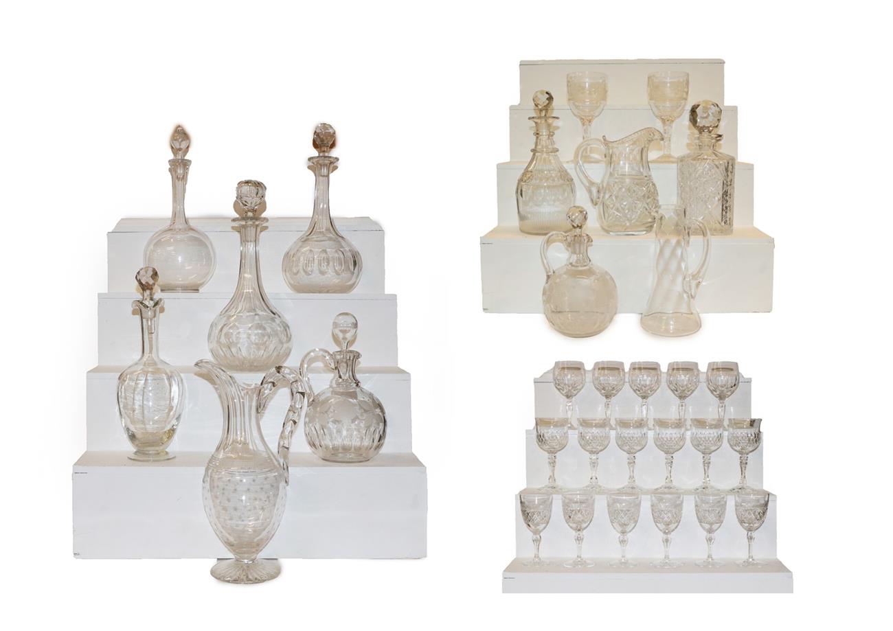 Lot 359 - Eight various decanters, three jugs and two glasses, the glasses etched with a scene of...
