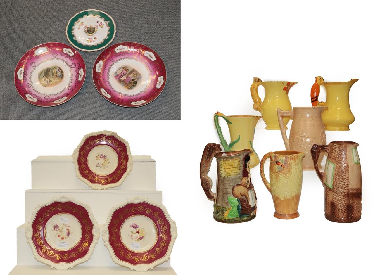 Lot 370 - Assorted ceramics including three Rockingham gadroon and shell moulded plates, red griffin...