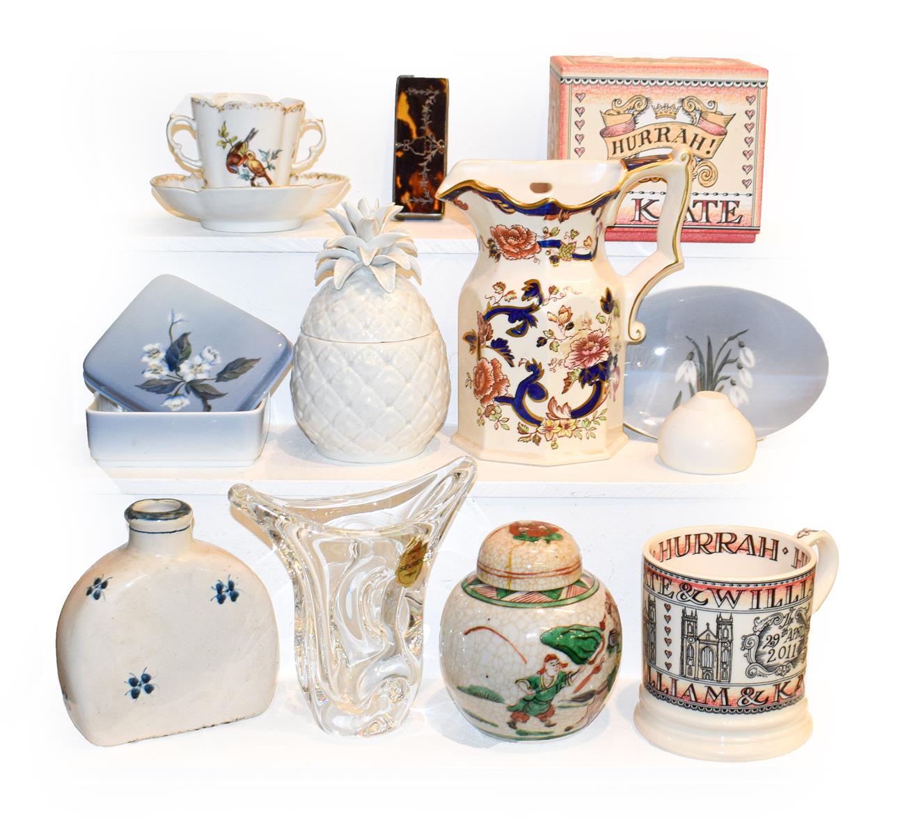 Lot 380 - A tray of ceramics and glass including a Sevres crystal vase, Royal Copenhagen, Helena Wolfsohn...