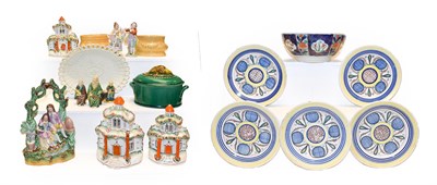 Lot 393 - A tray of 19th century and later ceramics including a Majolica terrine dish, cream ware stand...