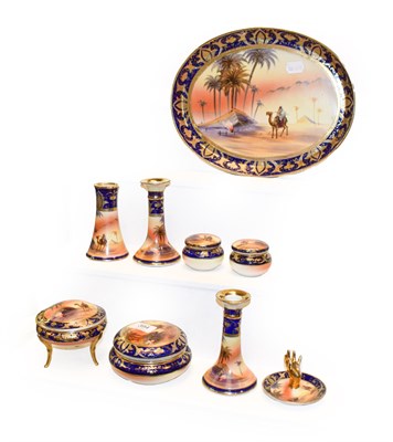 Lot 394 - A Noritake dressing table set, camel, pyramid and desert pattern, nine pieces together with Van...