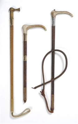 Lot 1188 - Cowdrey Hunt Interest: A Group of Three Hunting Whips, circa 1930, comprising bronze hammer...