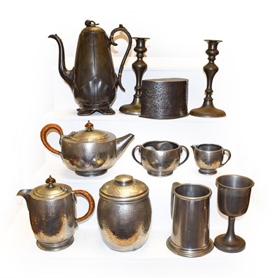 Lot 403 - A Tudric Pewter three piece tea set, a quantity of Pewter, a reproduction Pat Scheney...