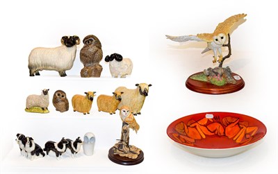 Lot 418 - A Poole pottery Delphis bowl, together with a Border Fine Arts barn owl, Beswick collies, model...