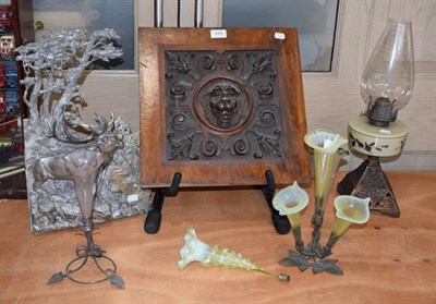 Lot 444 - A Britannia metal plaque 46cm by 28cm, a study of a stag signed GG Bommer and a Gothic revival...